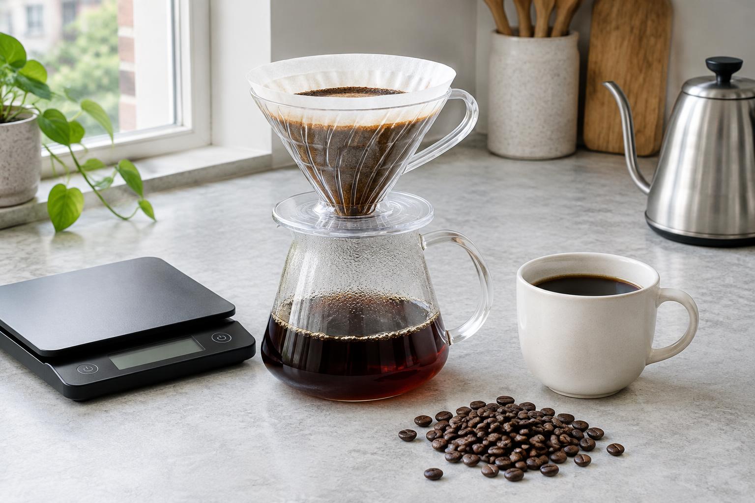 Glass pour-over brewer, coffee cup, beans and kitchen scales on a bright worktop